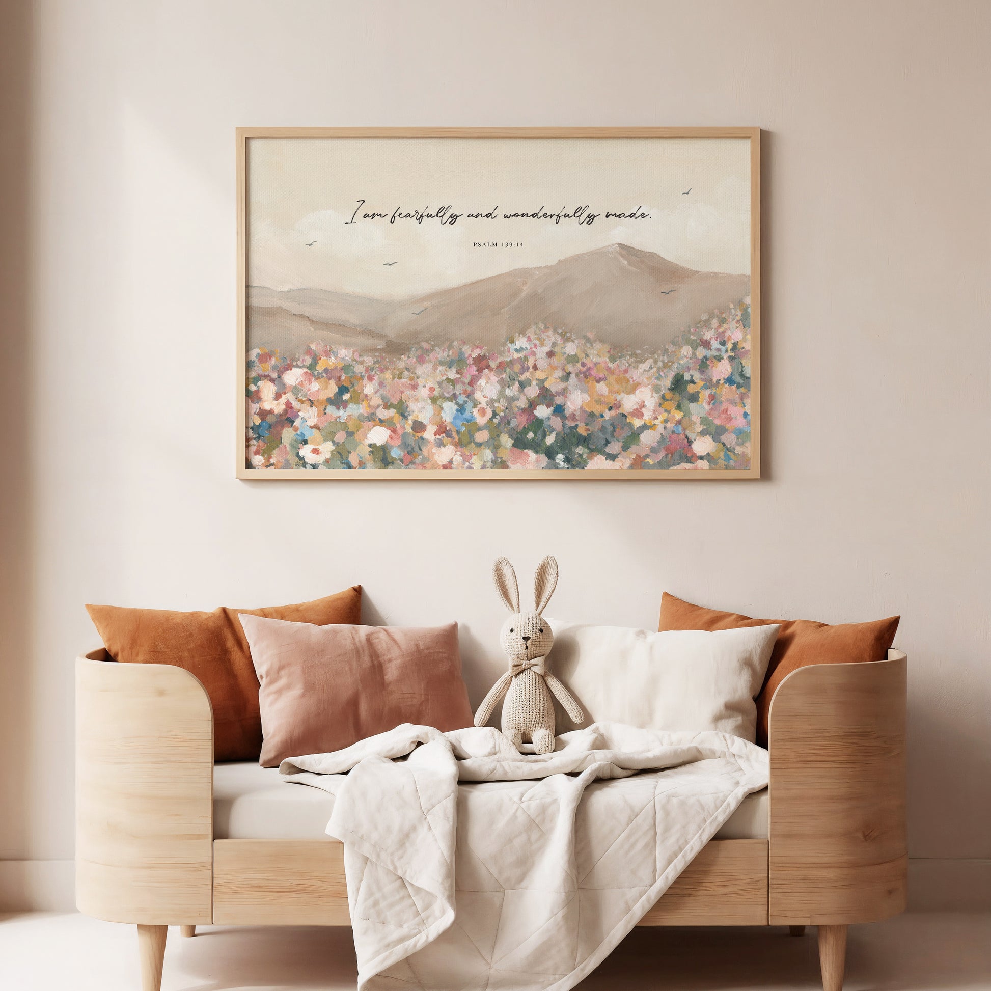 Christian wall art featuring wildflowers in a sunlit field and birds in the open sky with the Scripture quote “Fearfully and wonderfully made” from Psalm 139.