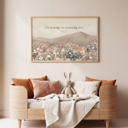 Christian wall art featuring wildflowers in a sunlit field and birds in the open sky with the Scripture quote “Fearfully and wonderfully made” from Psalm 139.