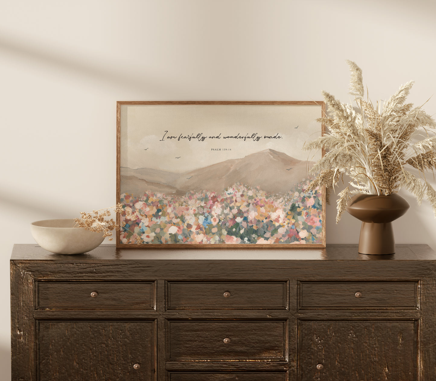 Floral Christian artwork with birds in the sky and the Bible verse “Fearfully and wonderfully made” from Psalm 139.