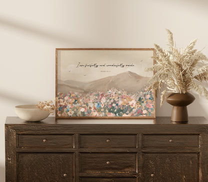 Floral Christian artwork with birds in the sky and the Bible verse “Fearfully and wonderfully made” from Psalm 139.