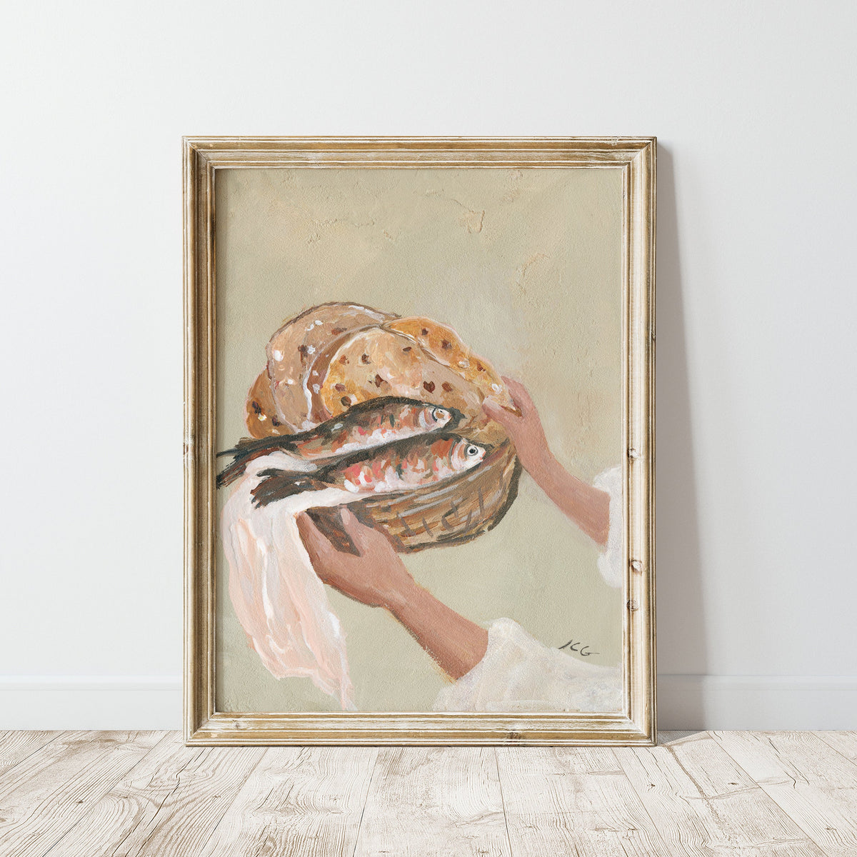 A framed Textured painting of hands presenting a woven basket filled with five loaves and two fish, inspired by Jesus feeding the five thousand.