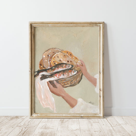 A framed Textured painting of hands presenting a woven basket filled with five loaves and two fish, inspired by Jesus feeding the five thousand.