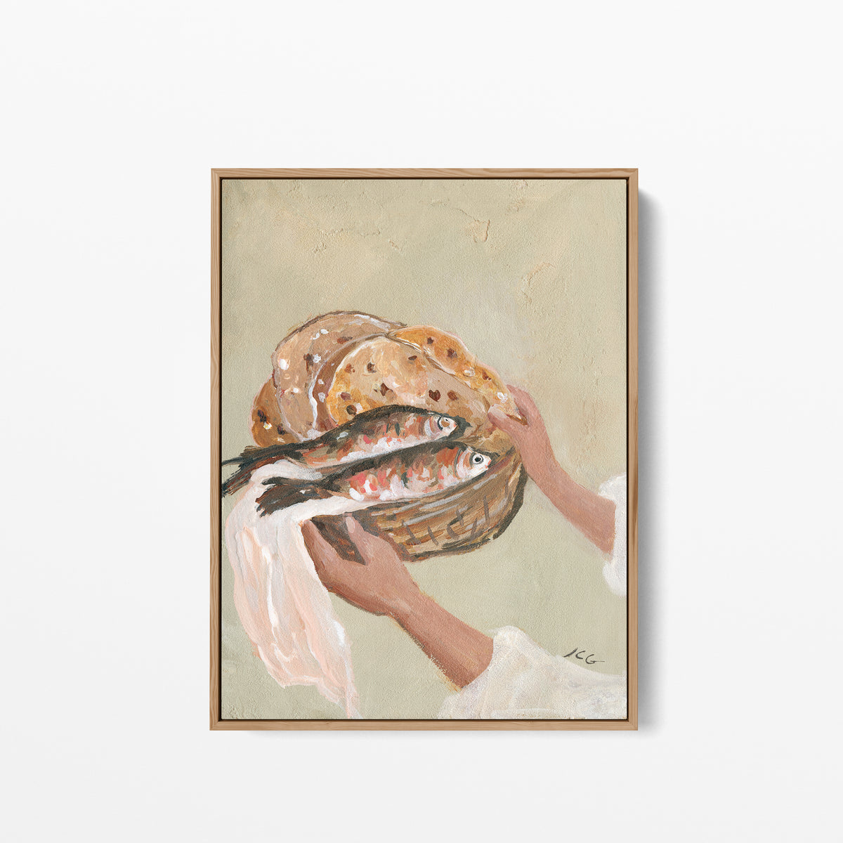 A framed canvas painting of Five and Two depicting hands presenting a basket of five loaves and two fish before Jesus feeds the multitude