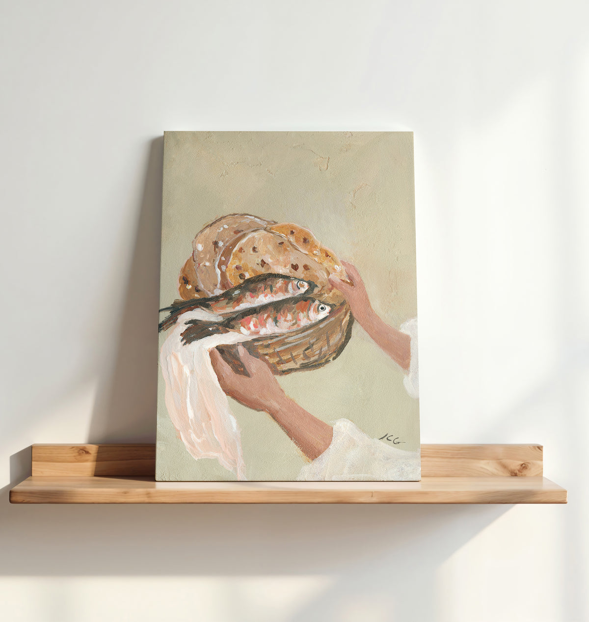 An canvas painting print hands presenting a woven basket filled with five loaves and two fish, inspired by Jesus feeding the five thousand.