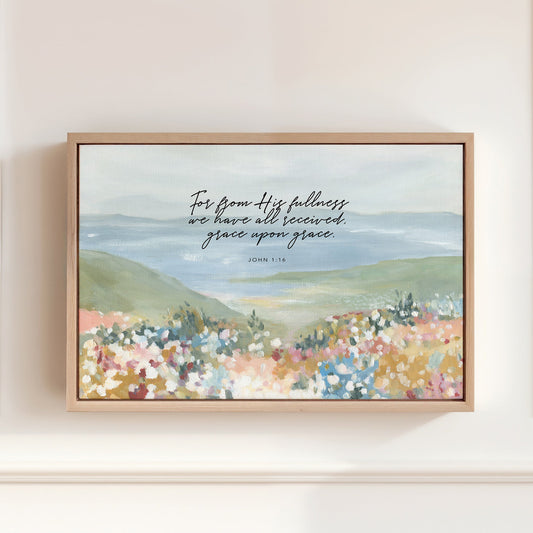 Christian art Floral foreground with ocean landscape wall art featuring John 1:16 grace upon grace Scripture