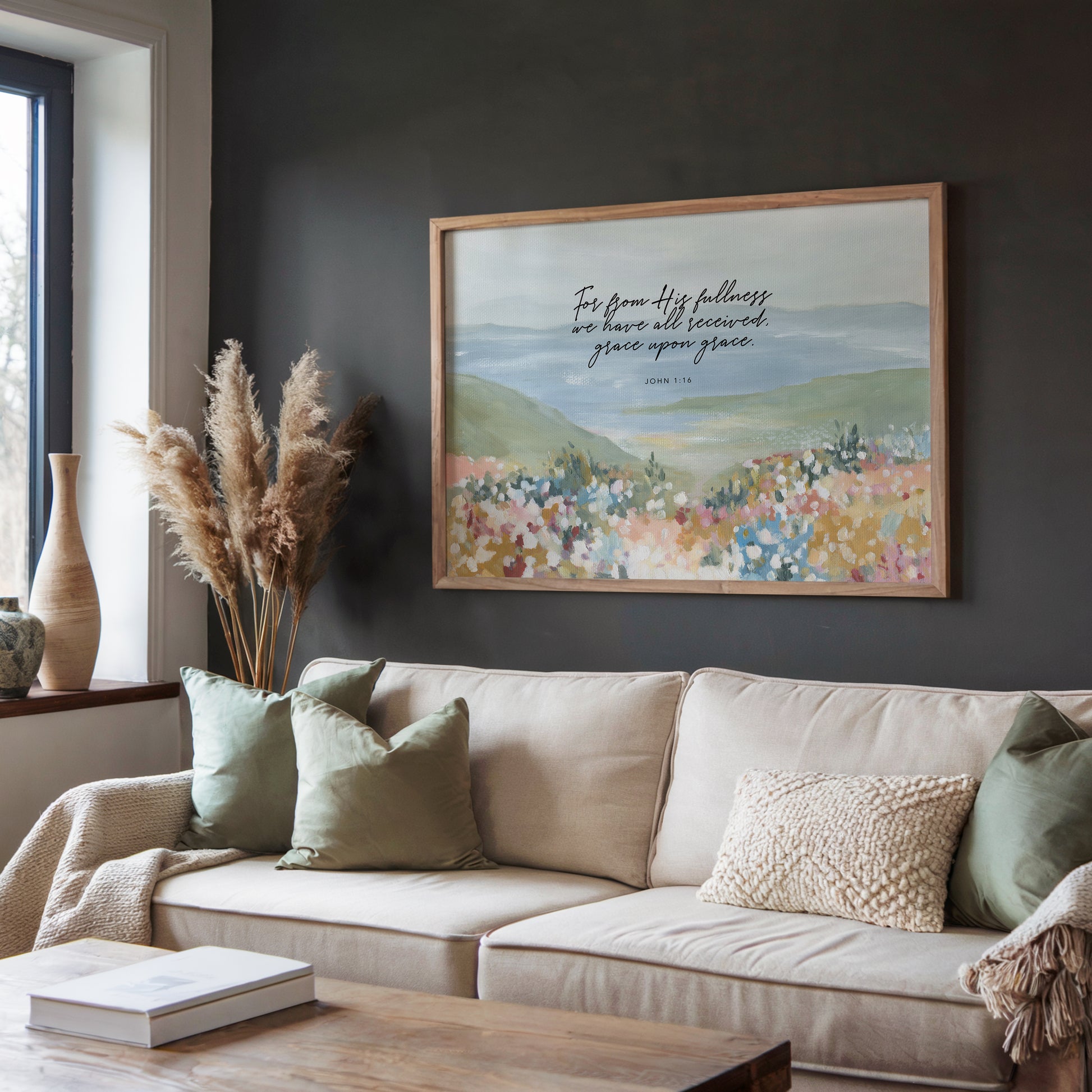 Framed Christian art in living room Floral foreground with ocean landscape wall art featuring John 1:16 grace upon grace Scripture