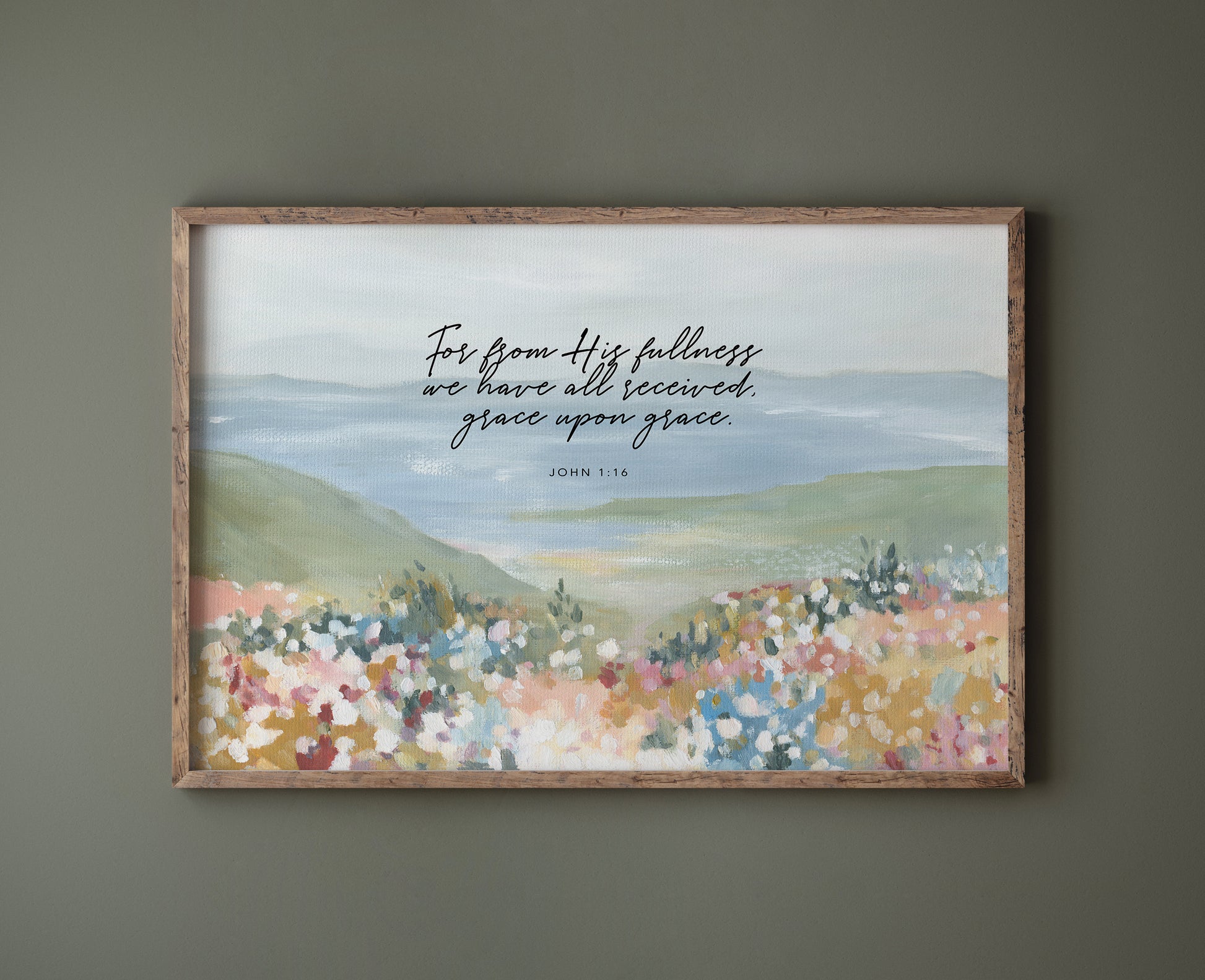 Framed Christian art Floral foreground with ocean landscape wall art featuring John 1:16 grace upon grace Scripture