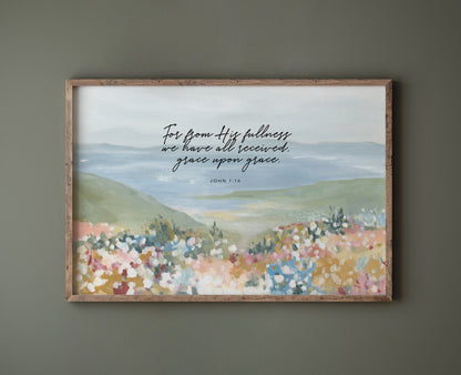 Framed Christian art Floral foreground with ocean landscape wall art featuring John 1:16 grace upon grace Scripture