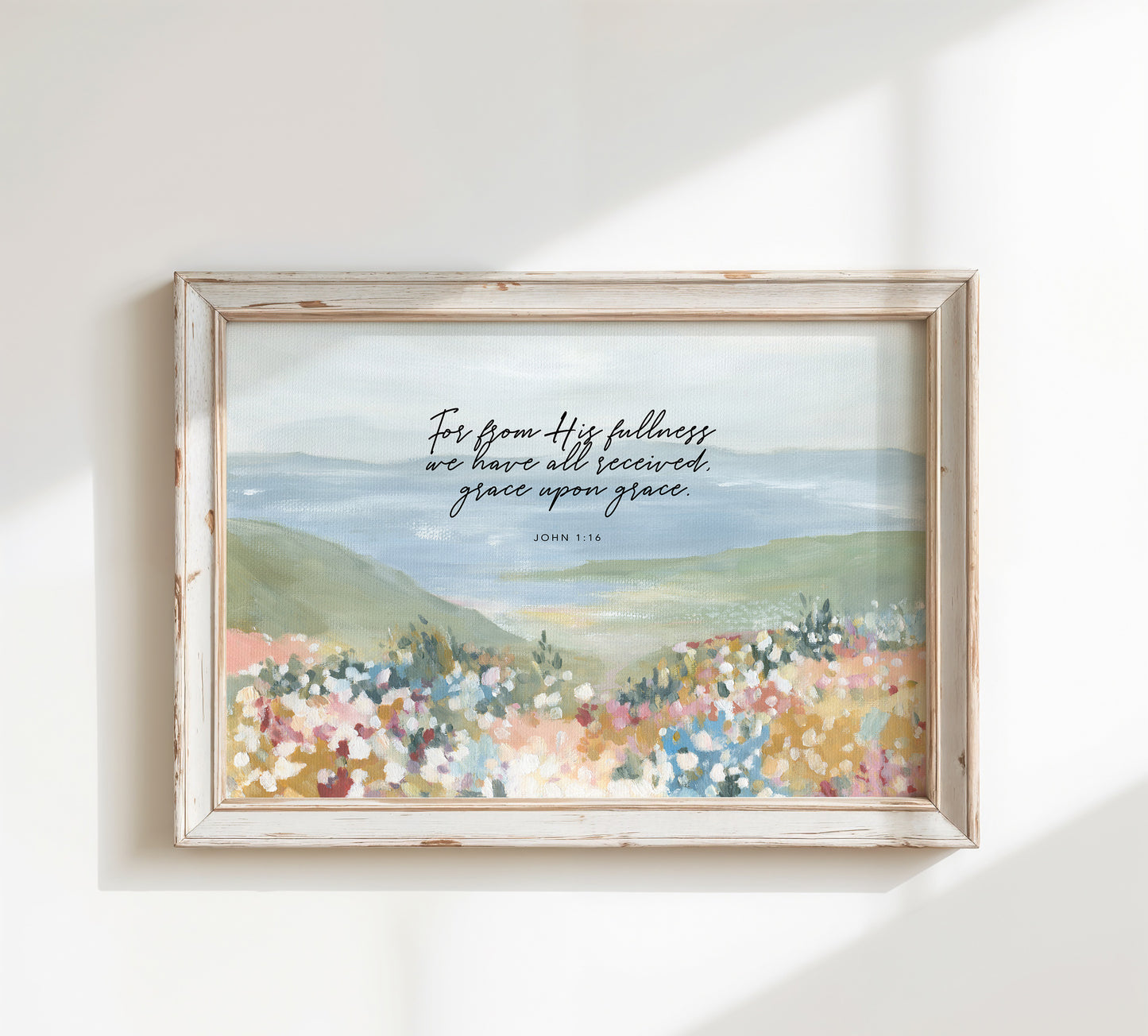framed Christian art Floral foreground with ocean landscape wall art featuring John 1:16 grace upon grace Scripture