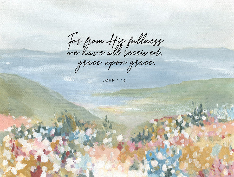Christian art Floral foreground with ocean landscape wall art featuring John 1:16 grace upon grace Scripture