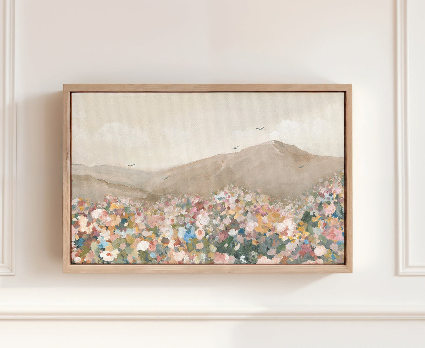 Christian wall art featuring flowers in a field with birds flying across an open sky.