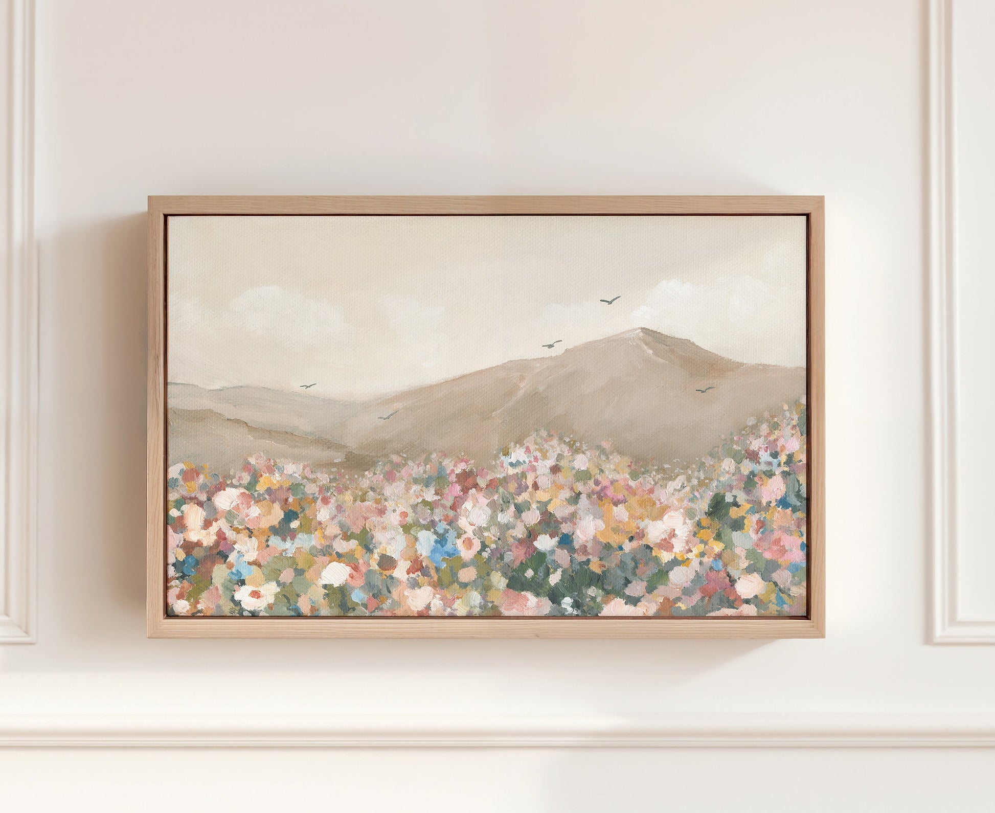 Christian wall art featuring flowers in a field with birds flying across an open sky.
