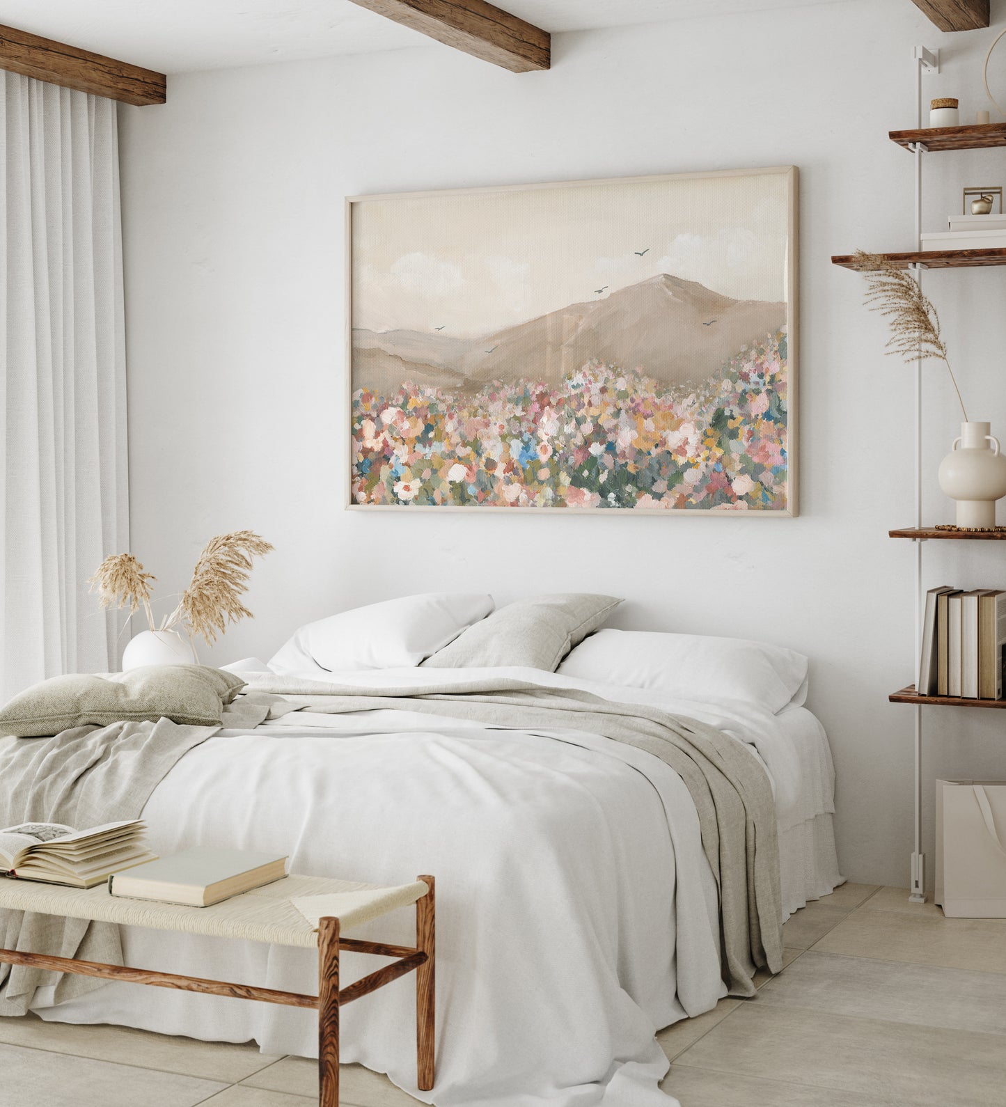 Christian wall art featuring flowers in a field with birds flying across an open sky.