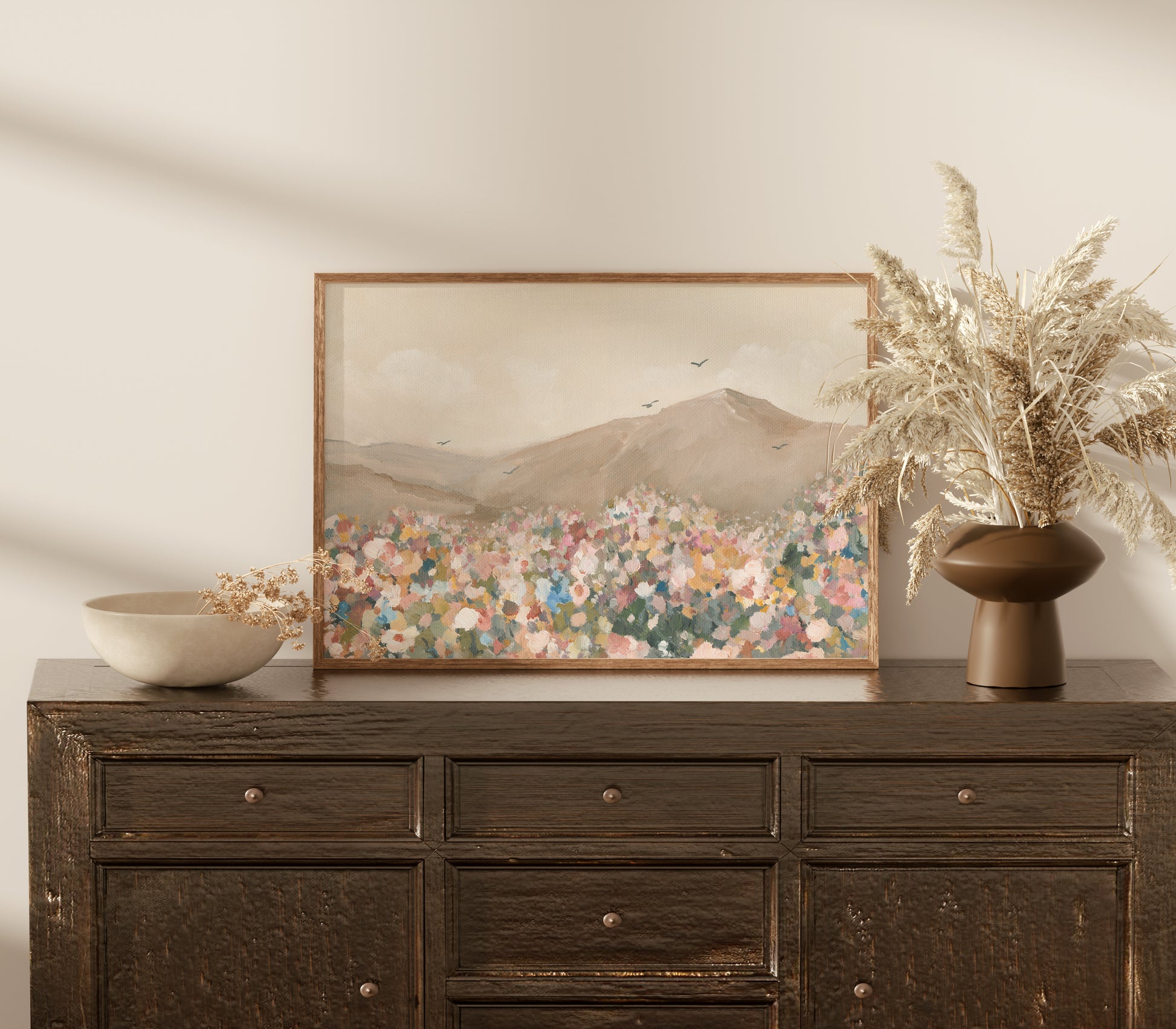 Christian wall art featuring flowers in a field with birds flying across an open sky.