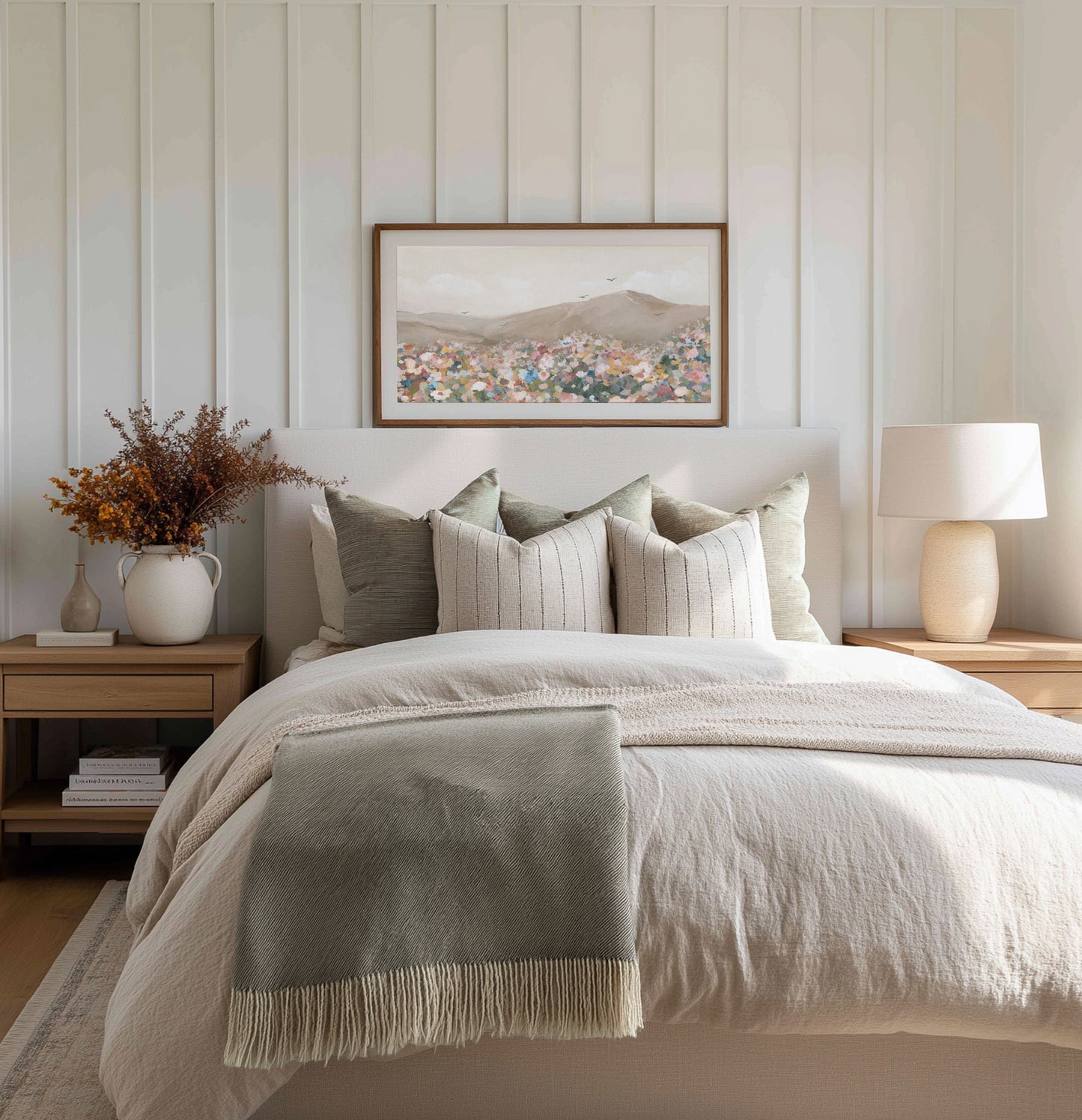 Christian wall art featuring flowers in a field with birds flying across an open sky.