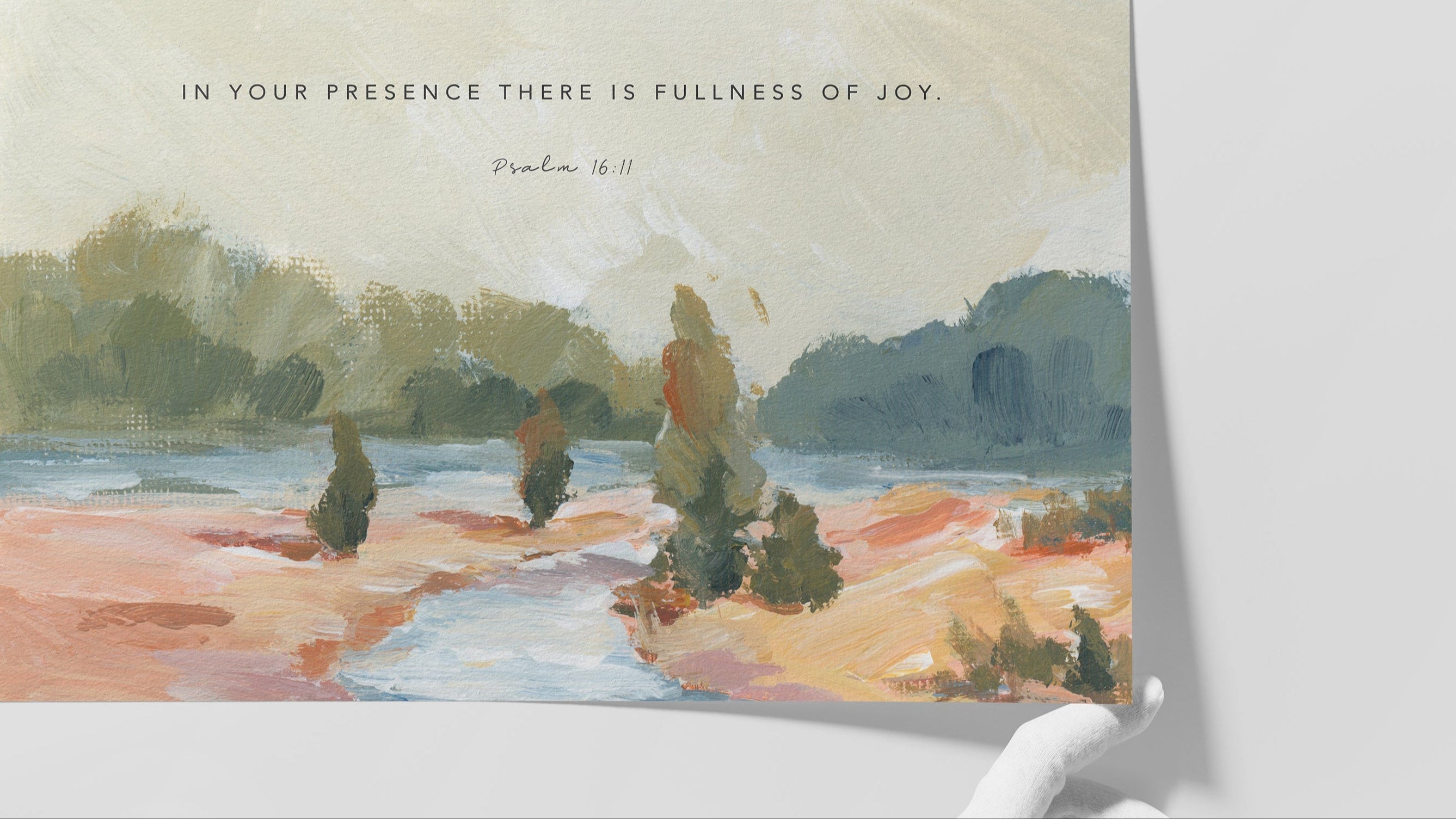 Landscape wall art with peaceful design and inspirational Scripture