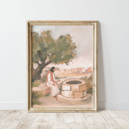 Framed print of Jesus waiting at the well, Christian wall art inspired by John 4, biblical scene print for home decor