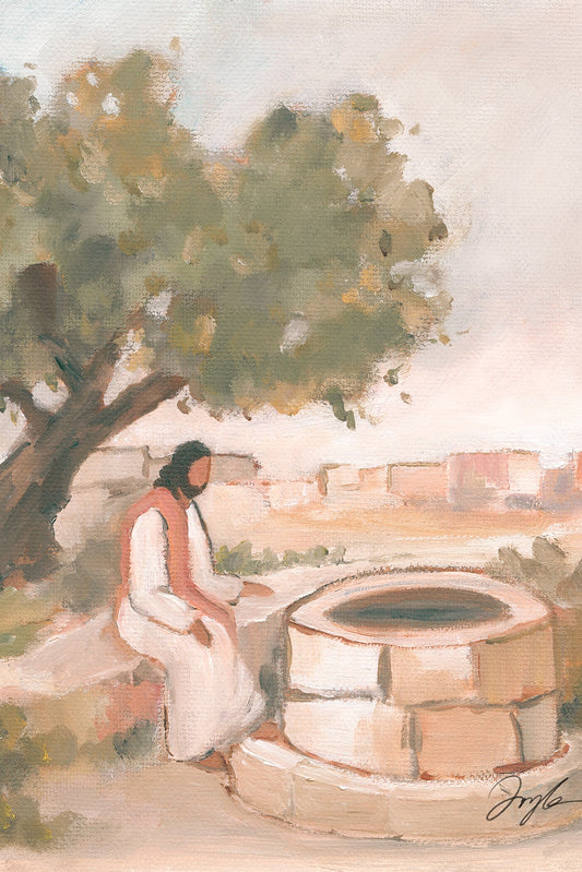 Christian art of Jesus waiting at the well, Christian wall art inspired by John 4, biblical scene print for home decor
