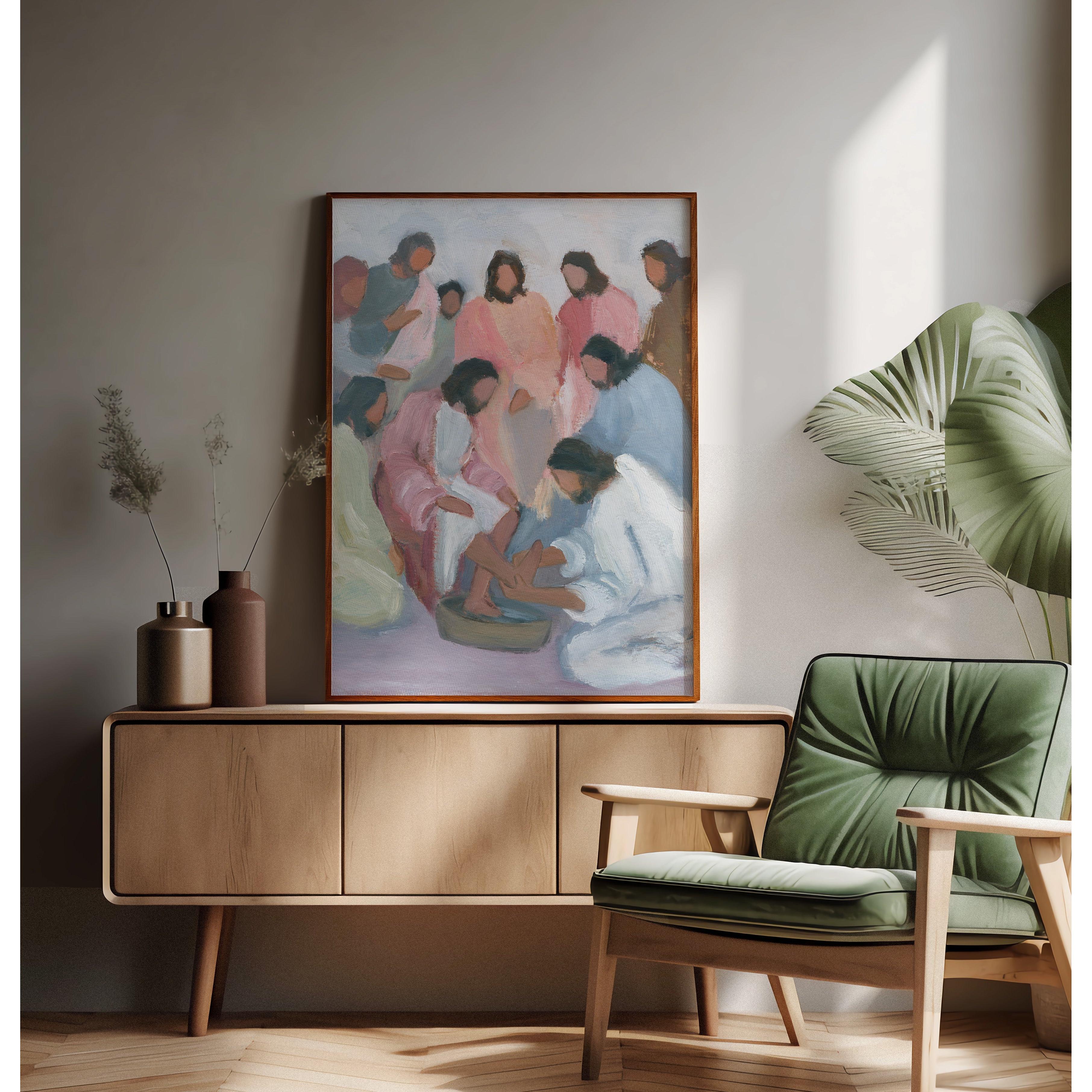 Large Framed artwork of Jesus washing feet on a living room or office wall