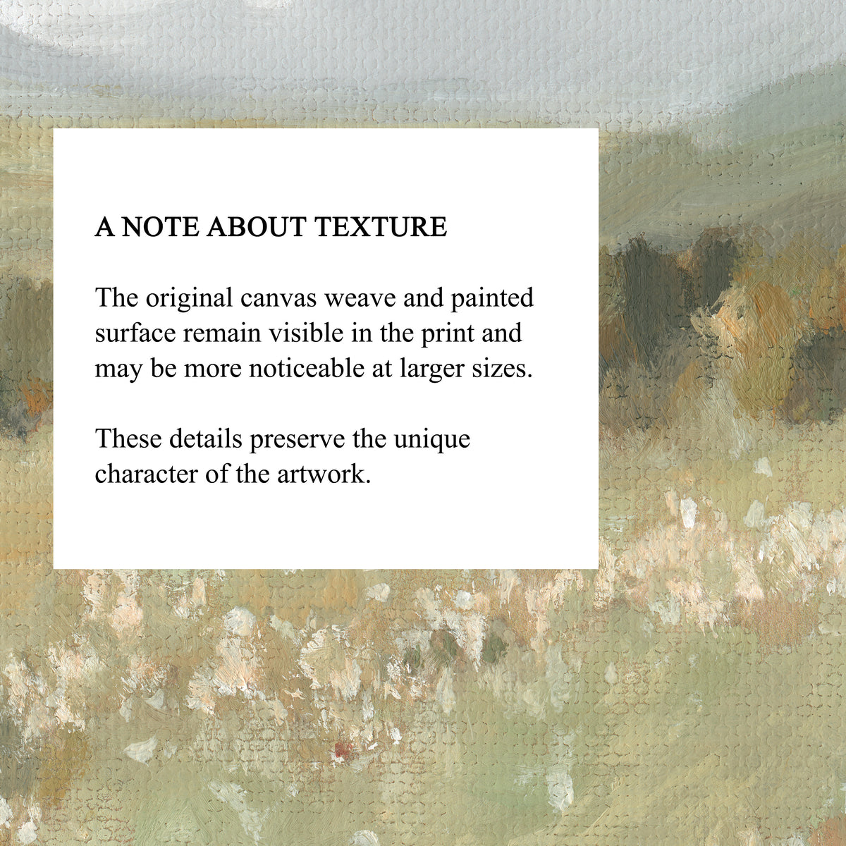 A close-up of a textured art print or canvas with a white informational card overlaid, reading 'A NOTE ABOUT TEXTURE' and describing visible canvas weave and painted surface details.