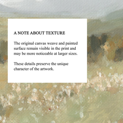 A close-up of a textured art print or canvas with a white informational card overlaid, reading 'A NOTE ABOUT TEXTURE' and describing visible canvas weave and painted surface details.