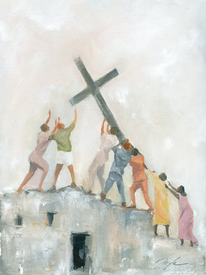 Vibrant Christian wall art of people from different backgrounds raising the cross together on a ruined building, symbolizing the global church, persecution, unity, and hope in Christ.