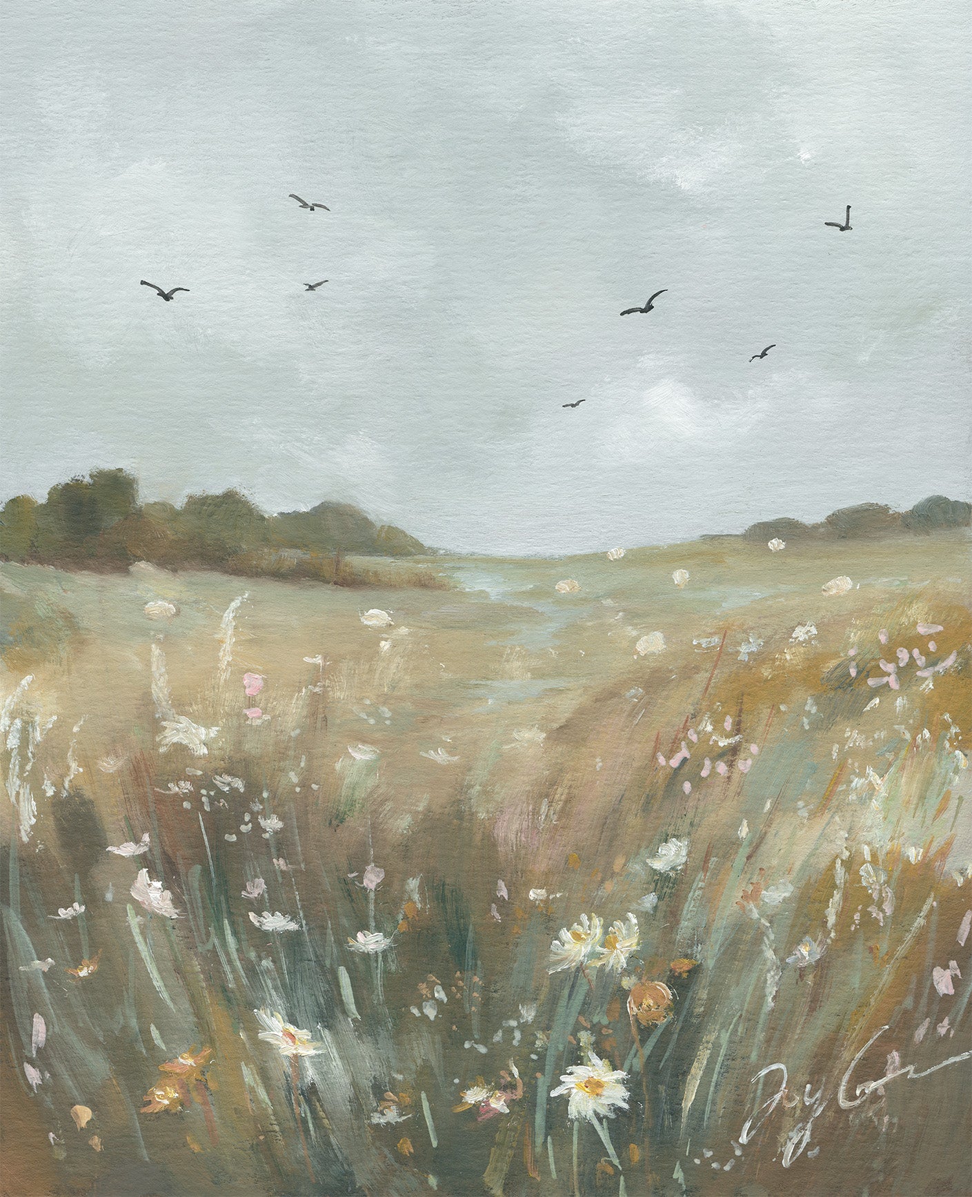 Painting of a field with flowers and birds flying matthew-6-scripture-wall-art