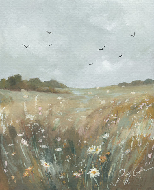 Painting of a field with flowers and birds flying matthew-6-scripture-wall-art