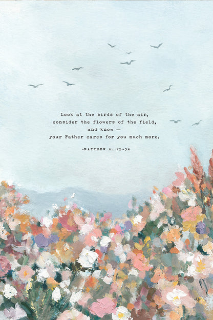 Modern Christian Art Print of Birds & Florals | Matthew 6 | "More Than Sparrows"