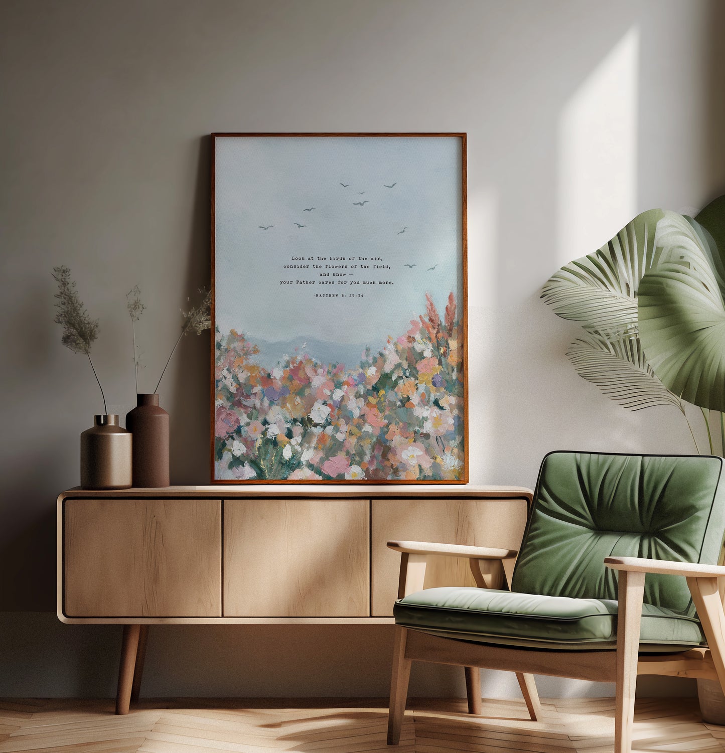 Modern Christian Art Print of Birds & Florals | Matthew 6 | "More Than Sparrows"