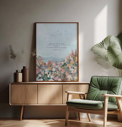 Modern Christian Art Print of Birds & Florals | Matthew 6 | "More Than Sparrows"