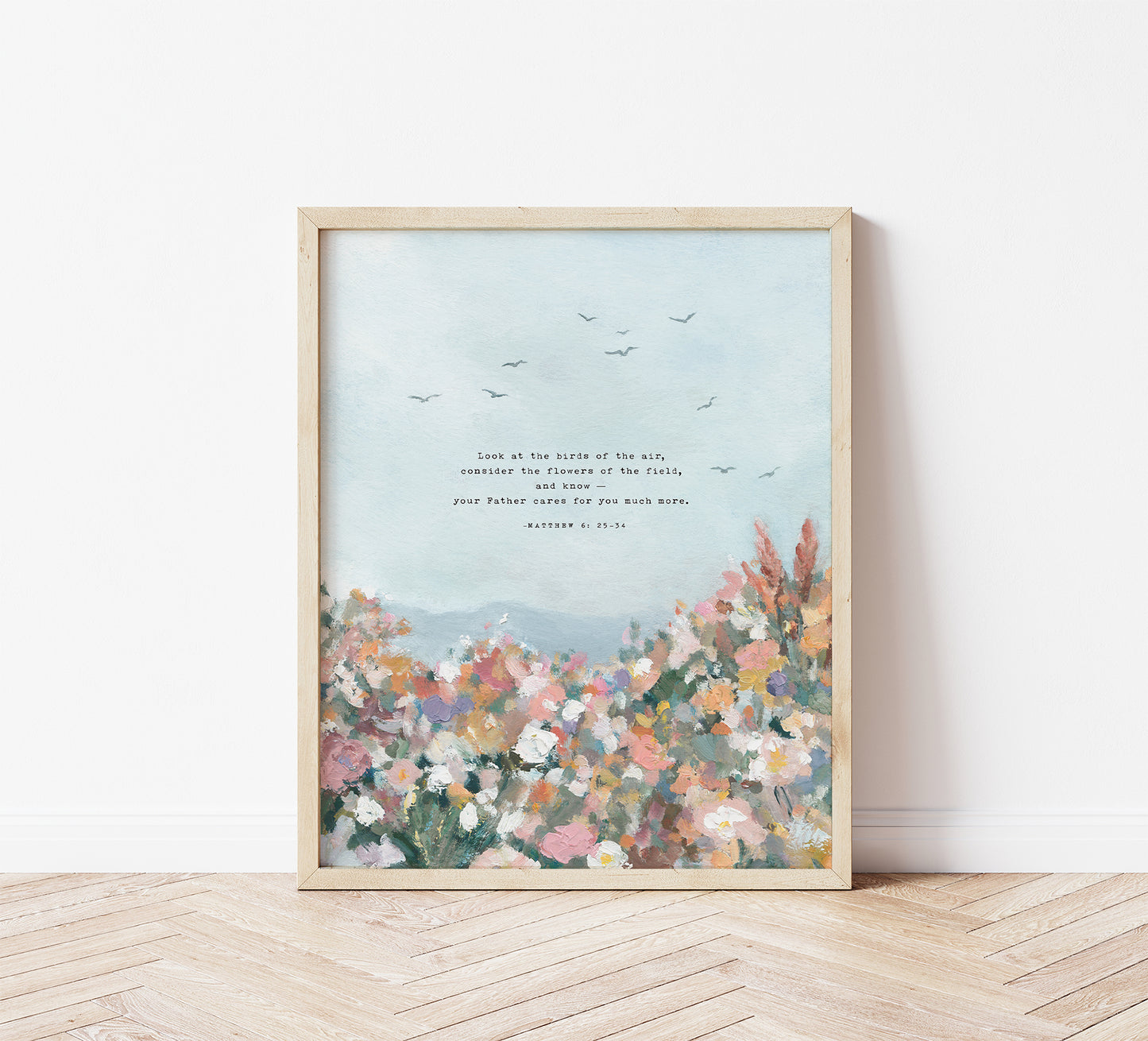 Modern Christian Art Print of Birds & Florals | Matthew 6 | "More Than Sparrows"