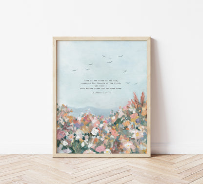 Modern Christian Art Print of Birds & Florals | Matthew 6 | "More Than Sparrows"