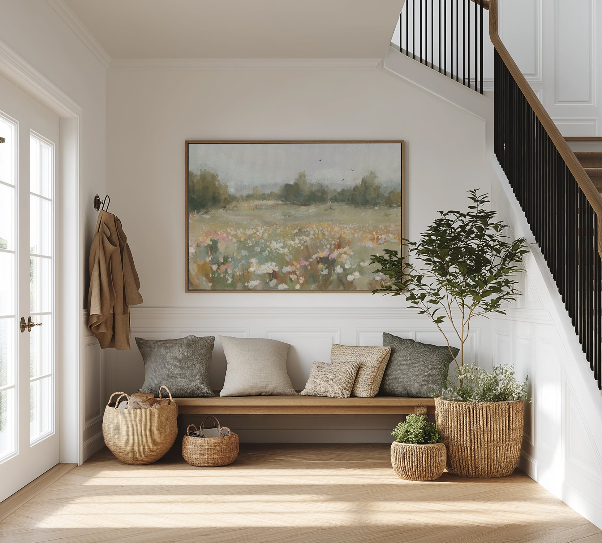 serene wildflower field with trees and birds in the sky – Matthew 6:25 bible verse wall art print