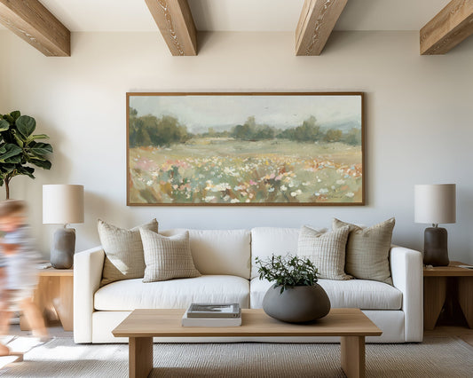 serene wildflower field with trees and birds in the sky – Matthew 6:25 bible verse wall art print