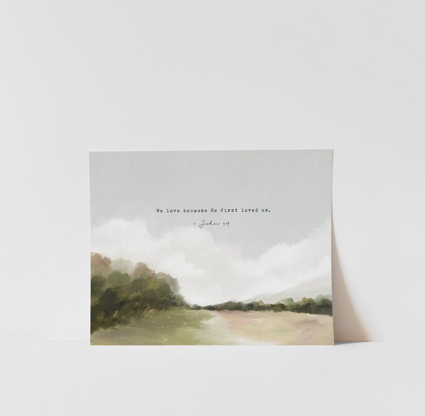 Modern Christian Art | Vintage Landscape with 1 John 4:19 - Faith-Inspired Wall Decor
