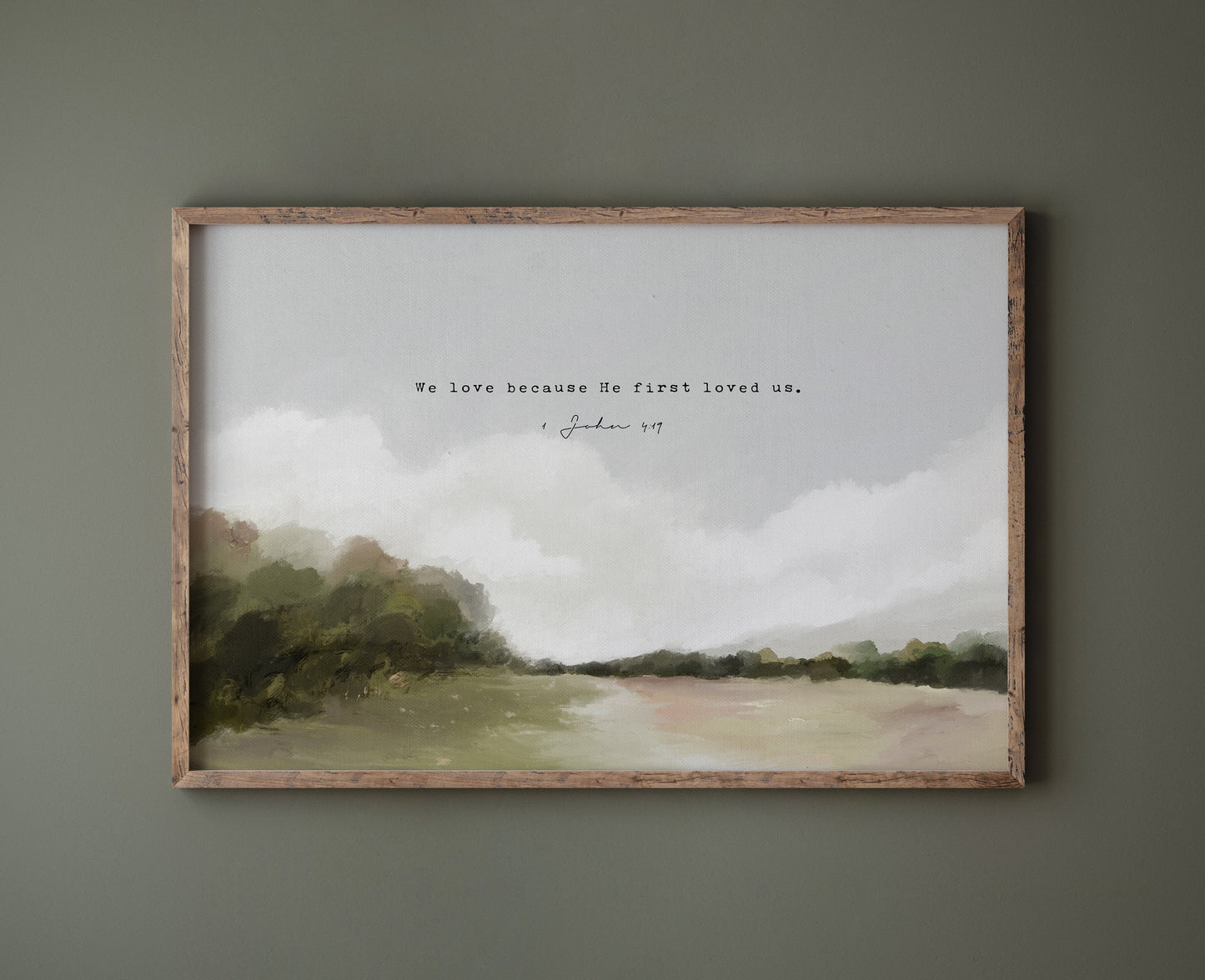 Modern Christian Art | Vintage Landscape with 1 John 4:19 - Faith-Inspired Wall Decor