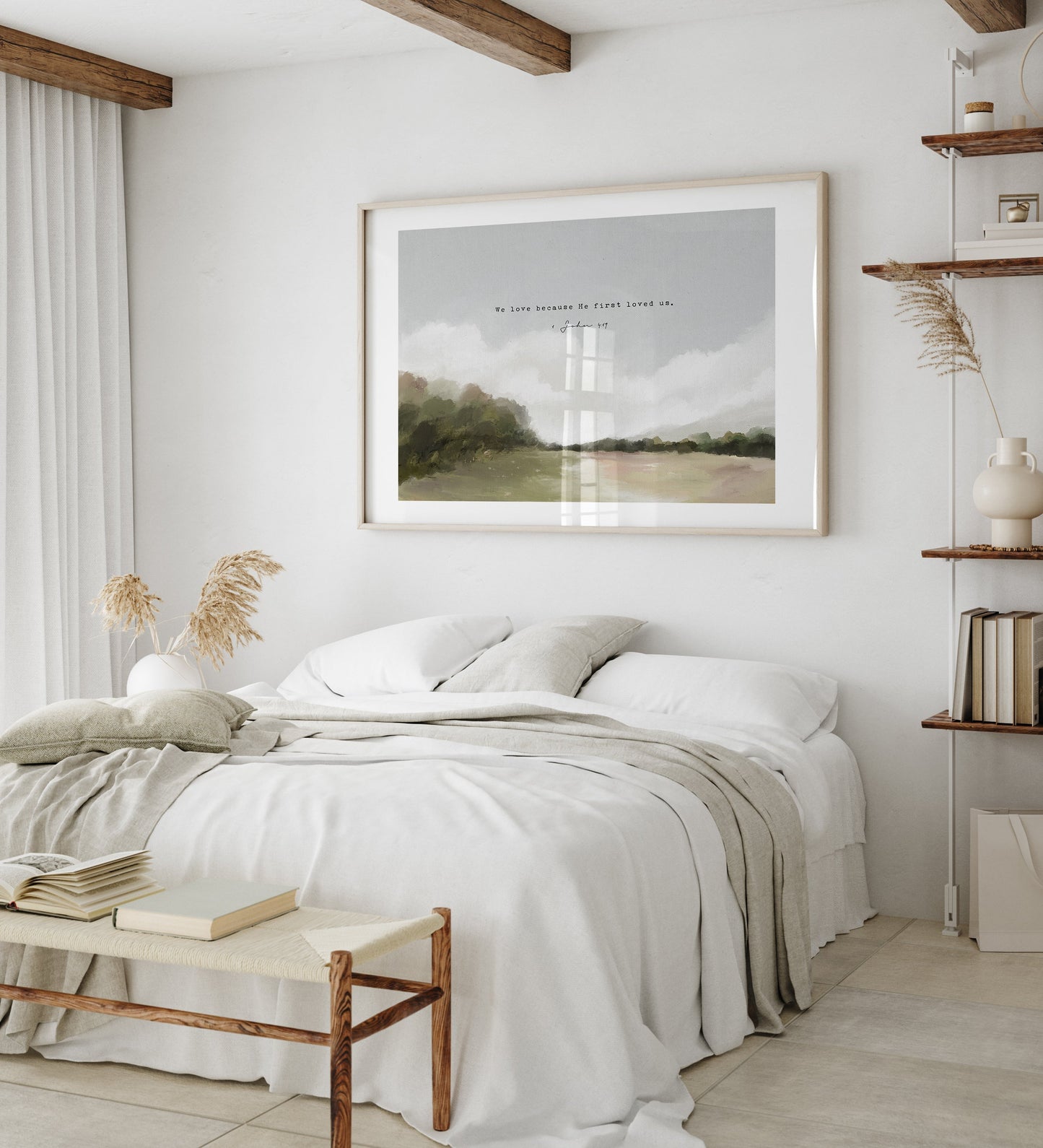 Modern Christian Art | Vintage Landscape with 1 John 4:19 - Faith-Inspired Wall Decor
