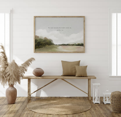 Modern Christian Art | Vintage Landscape with 1 John 4:19 - Faith-Inspired Wall Decor