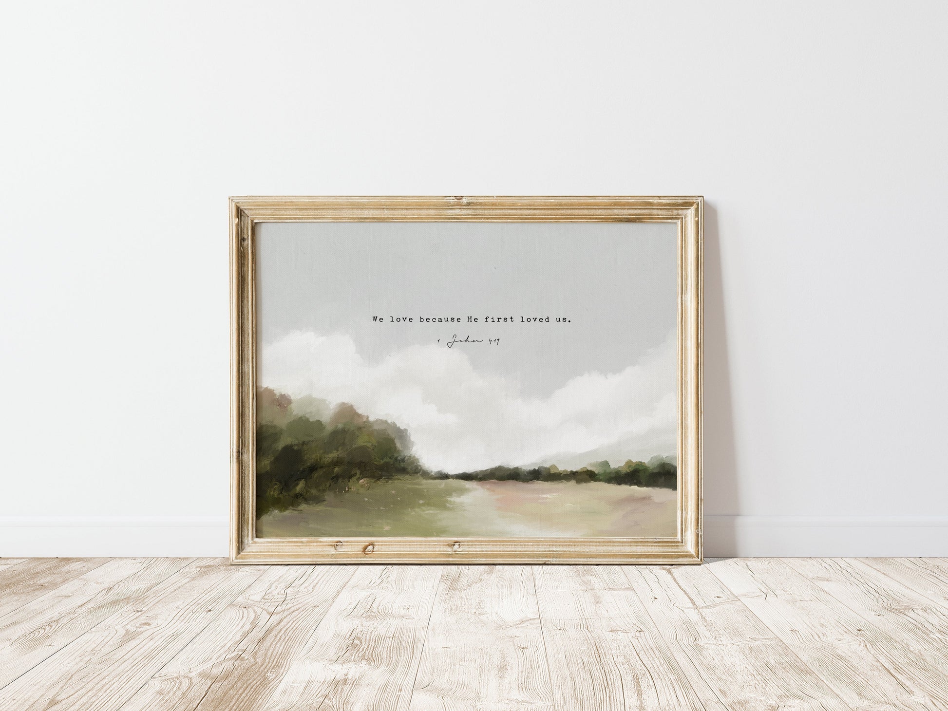 Modern Christian Art | Vintage Landscape with 1 John 4:19 - Faith-Inspired Wall Decor