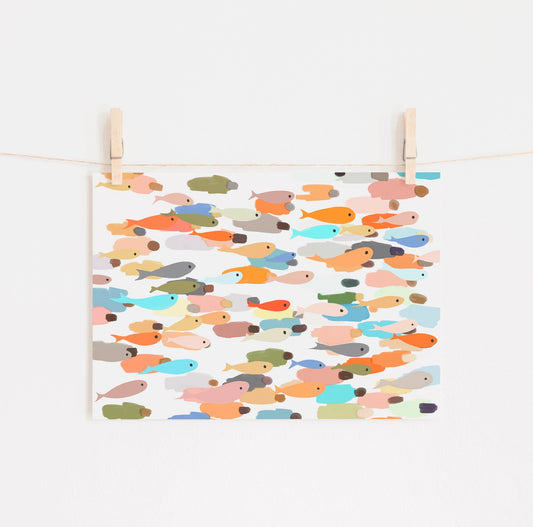 Modern Minimalist Christian Art - Colorful Fish and People