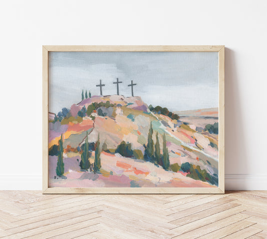 Modern Christian Art | Three Crosses on Hill| "Hill of Grace"