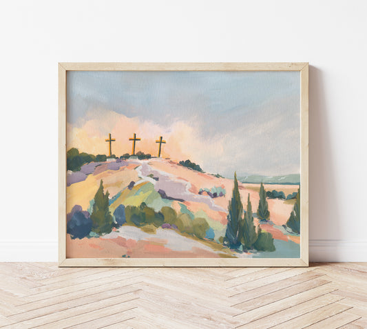 Modern Christian Art | Three Crosses on Hill | "Hill of Hope"