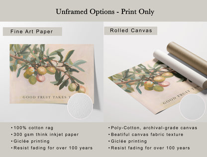Modern Vintage Home Decor | Olive Branch Wall Art Print – “Good Fruit” Botanical Quote