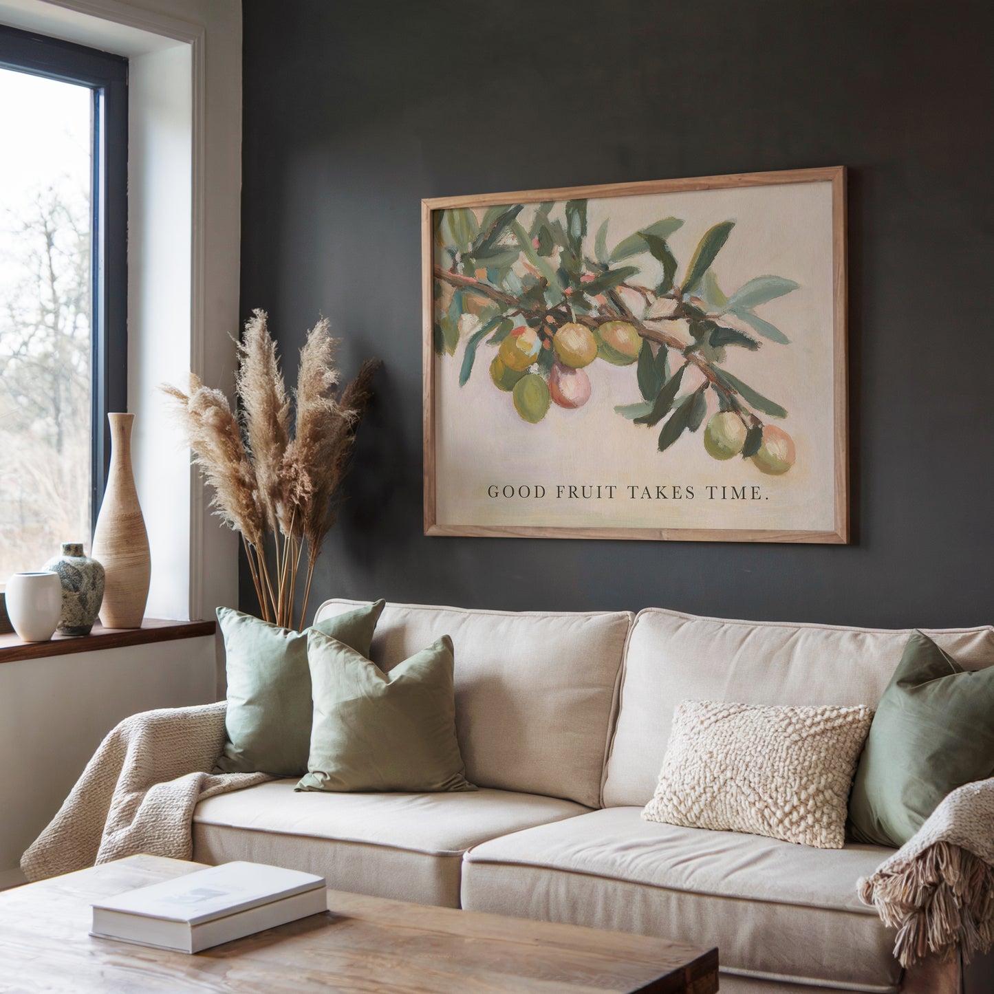 Modern Vintage Home Decor | Olive Branch Wall Art Print – “Good Fruit” Botanical Quote