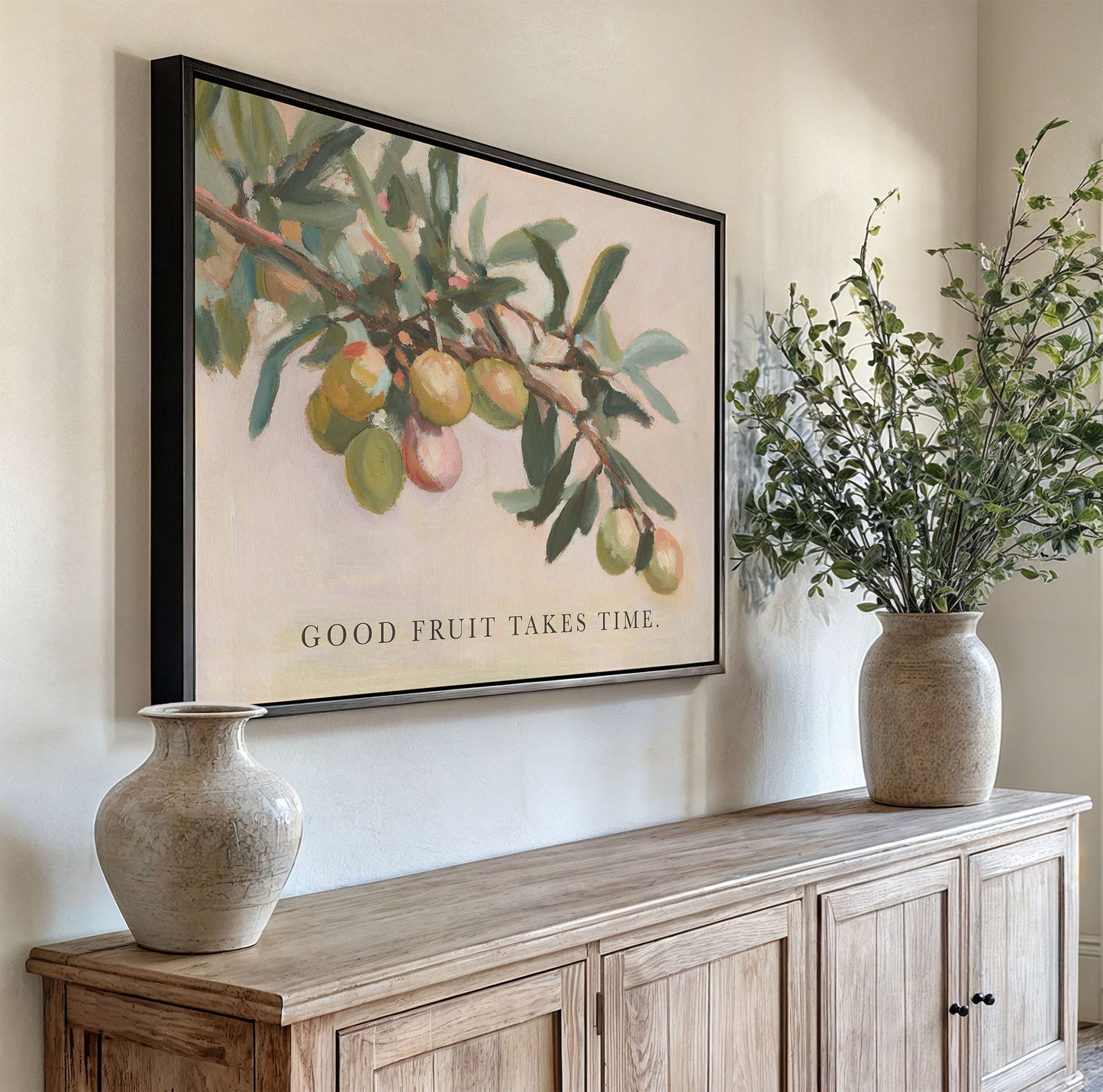 Modern Vintage Home Decor | Olive Branch Wall Art Print – “Good Fruit” Botanical Quote