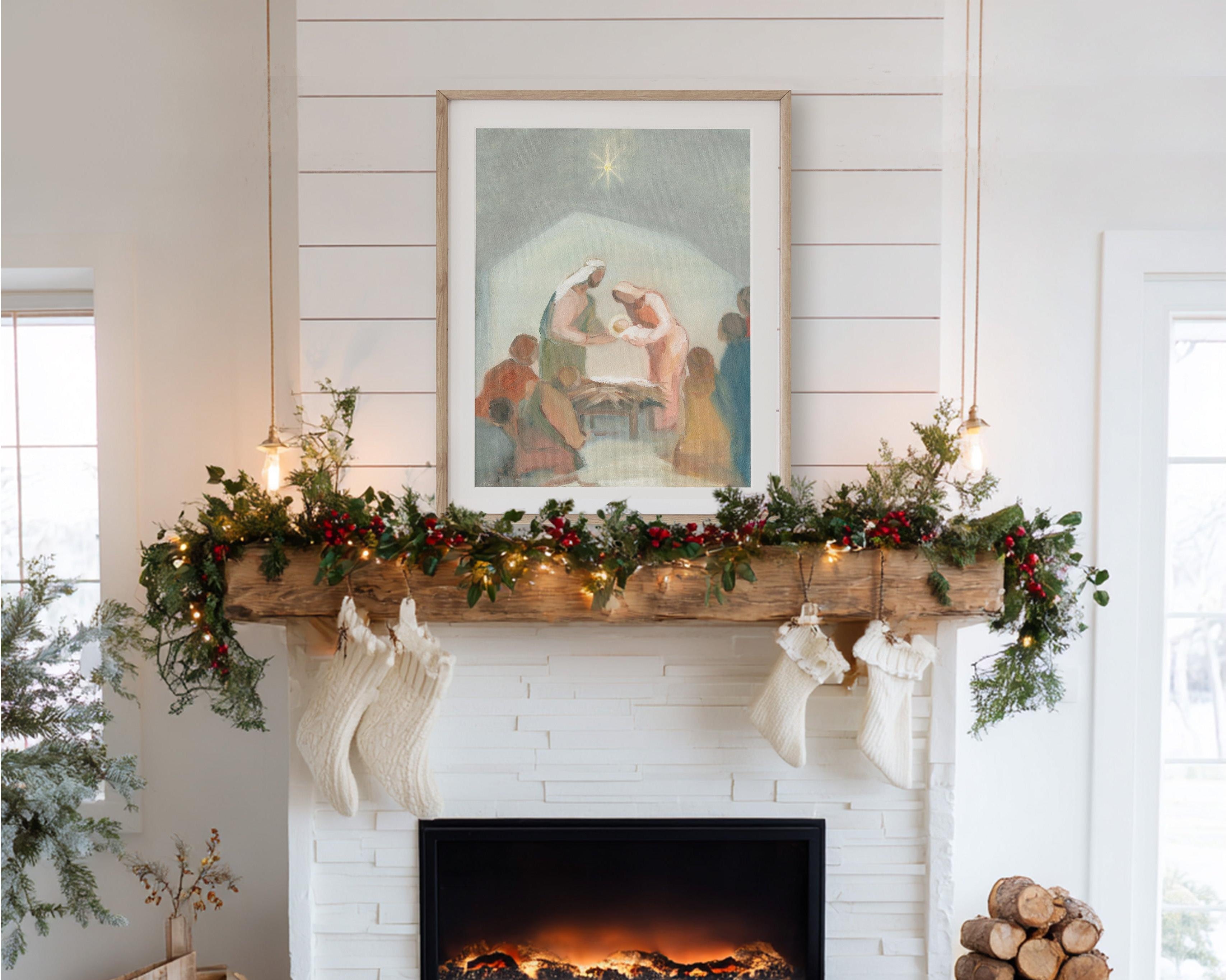 Decorated fireplace with Christian Christmas nativity wall art above the mantel