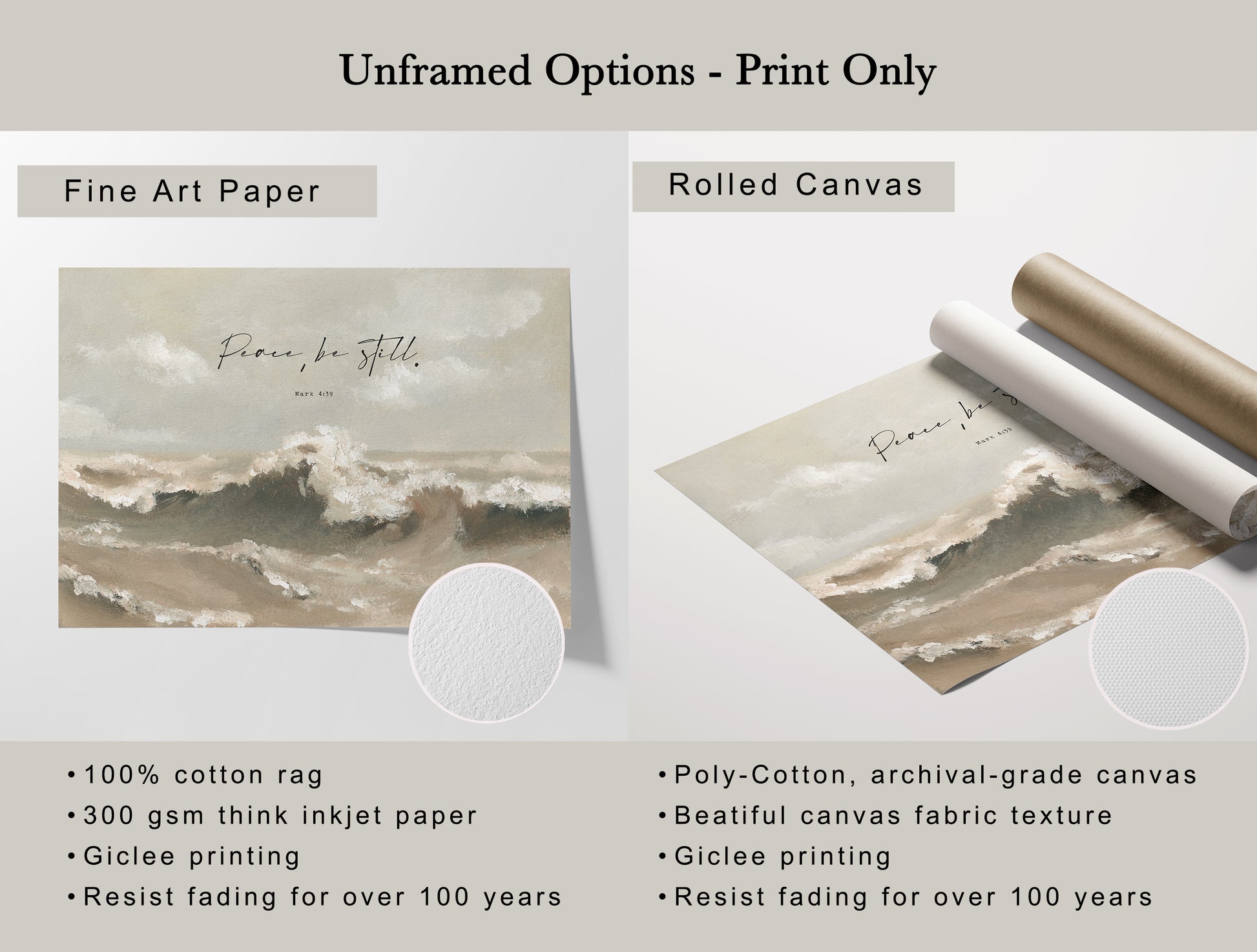 Fine art paper and rolled canvas ocean art with soft, natural details