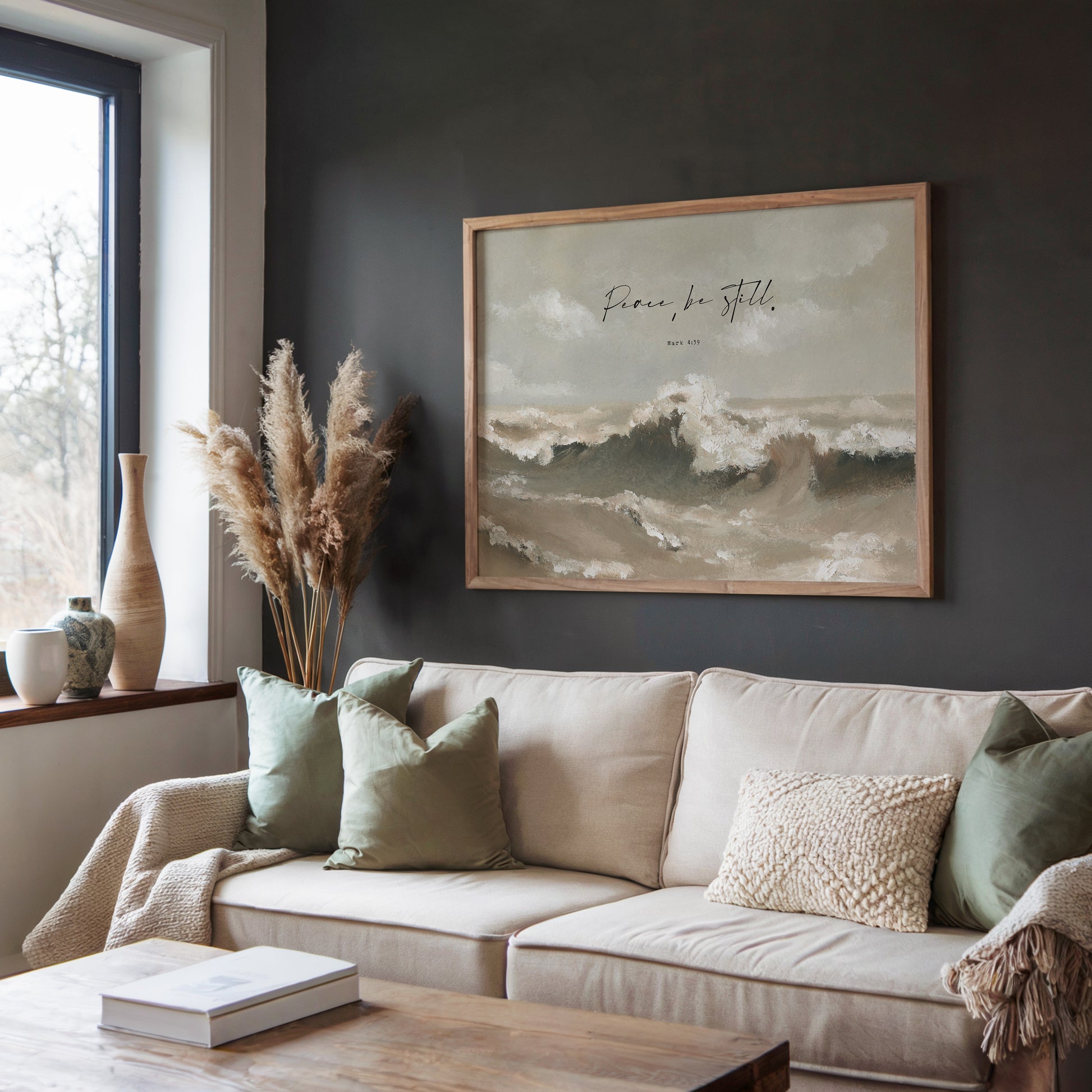 Peaceful ocean wall decor styled in cozy living room