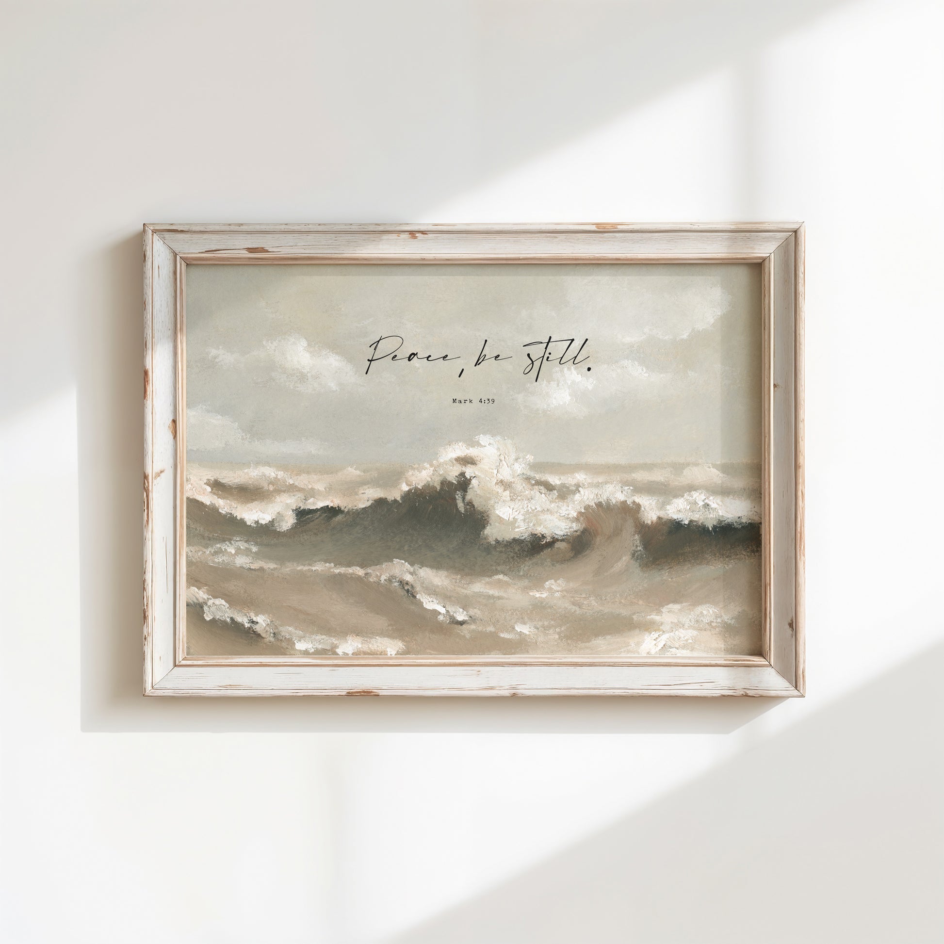 Peace, Be Still ocean wave art in neutral colors